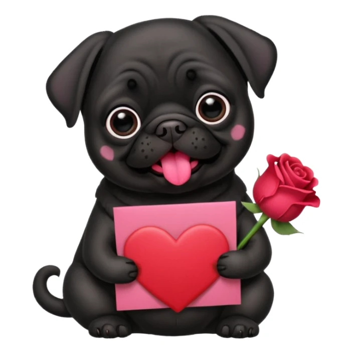 black pug holding valentine’s day card and flowers sticker