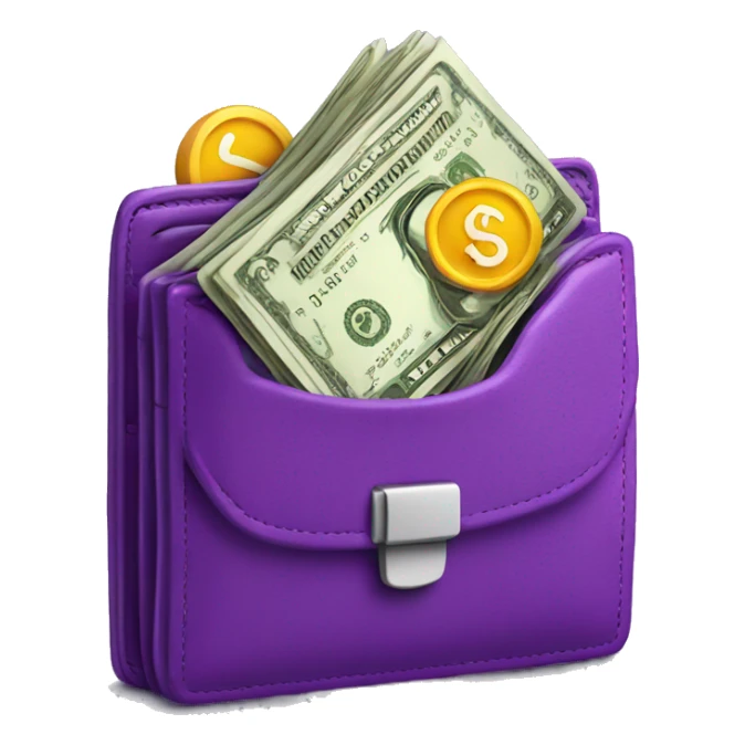 purple wallet with money coming out sticker
