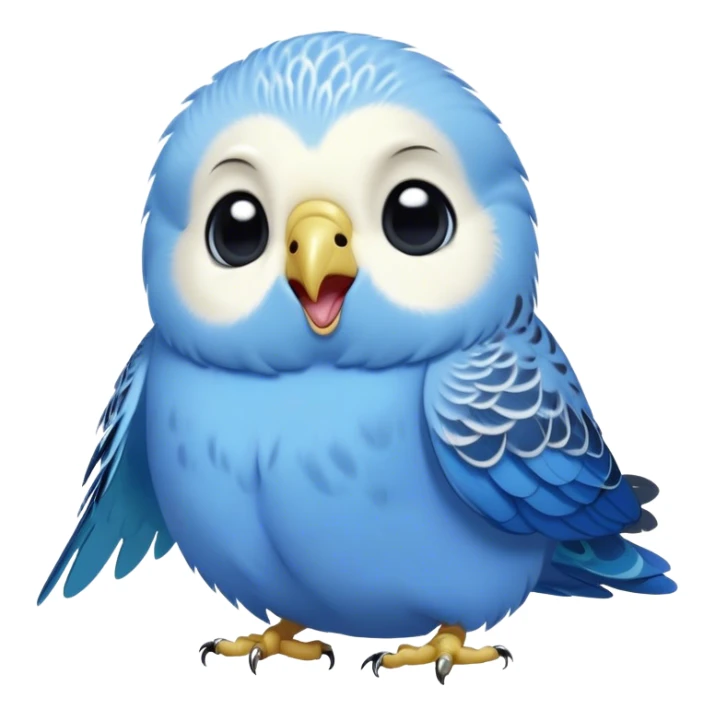 Cinematic Cute Yawning Blue Budgie Portrait Emoji, Head tilted slightly with a dramatic, wide-open yawn, showcasing a soft, downy blue feathered fur with gently drooping wings, round dark eyes barely open in drowsy contentment, Simplified yet irresistibly adorable features, highly detailed, glowing with a soft, cozy glow, high shine, relaxed yet expressive, stylized with a touch of whimsy, bright and endearing, soft glowing outline, capturing the essence of a sleepy yet affectionate budgie, so drowsy it feels like it could stretch out of the screen and curl up for a nap! sticker