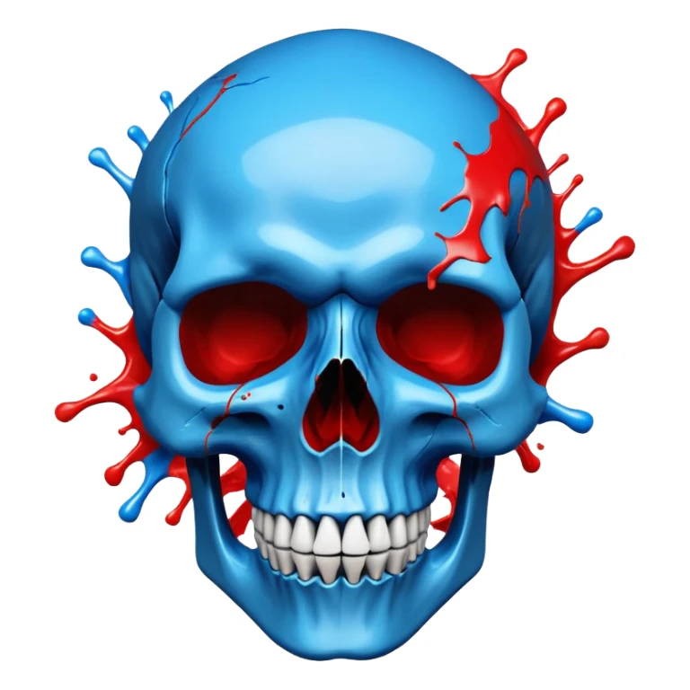 premium black skull with geometric brand patterns, striking electric blue and red paint splashes only within skull contours, perfect detailed fine art quality, three-quarter view sticker