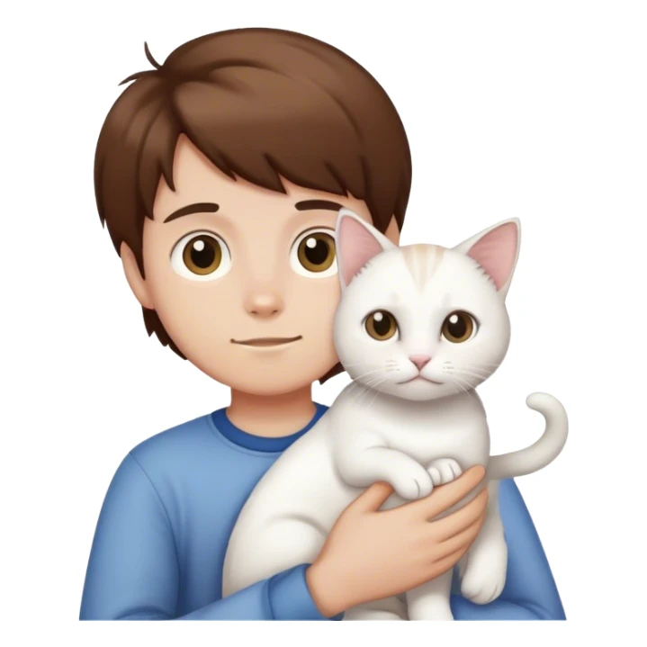 Boy with brown hair holding white cat sticker