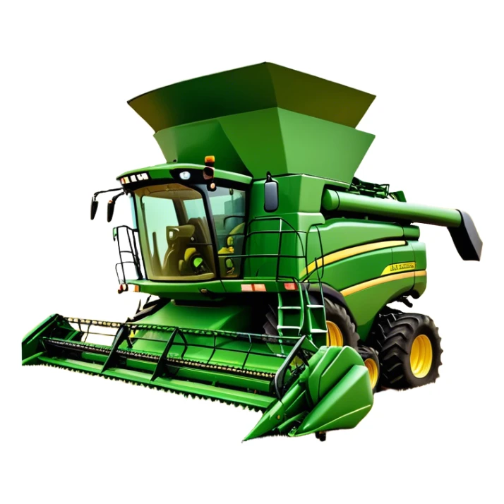 John Deere S780 (2021) – Cinematic-realistic John Deere S780 combine harvester, its bold green frame towering over golden wheat fields. The powerful header swallows crops effortlessly as grain fills the tank, while the setting sun casts a warm glow over the vast farmland. sticker