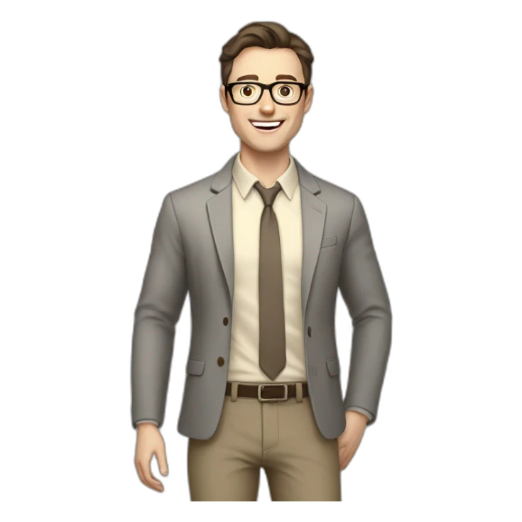 Joyful Full height Pale skinned Fit Man With dark brown hair in gray jacket, beige office shirt, Brown pants and vintage glasses. His thrumbs up sticker