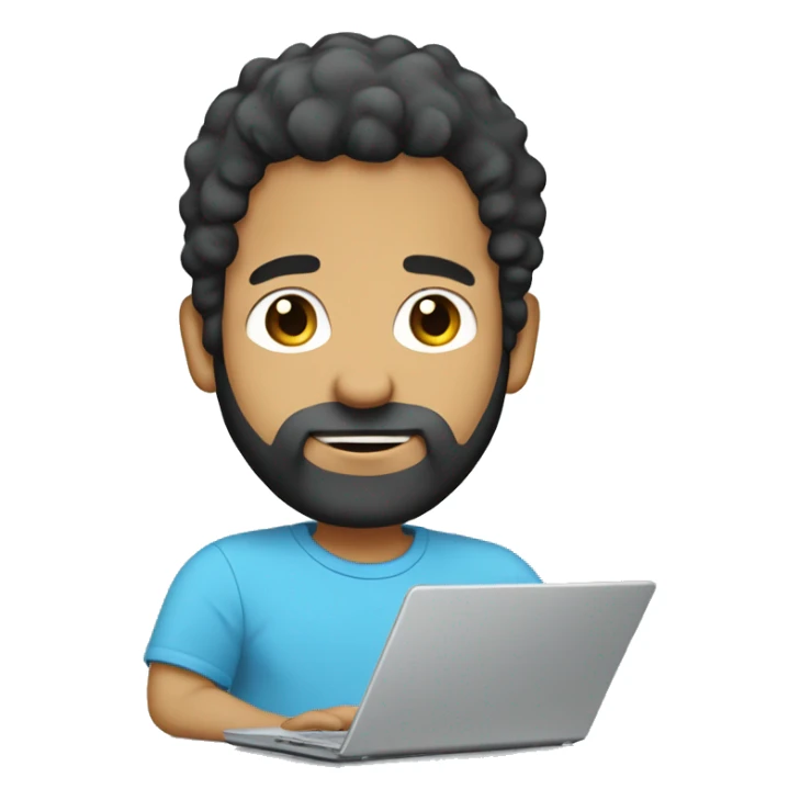 white guy with beard black hair big nose thin face typing in laptop wearing sky blue t-shirt sticker