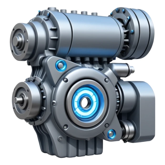 Powerful half-futuristic half-modern gray colored big engine emoji, thick industrial metal body, rotating inner parts, glowing energy core.

 sticker