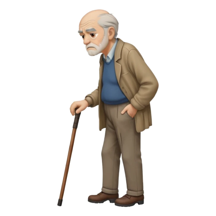 Old man leaning on a walking cane and holding his crancky back with his hand, grumpy face, detailed. Side view with the man going right sticker