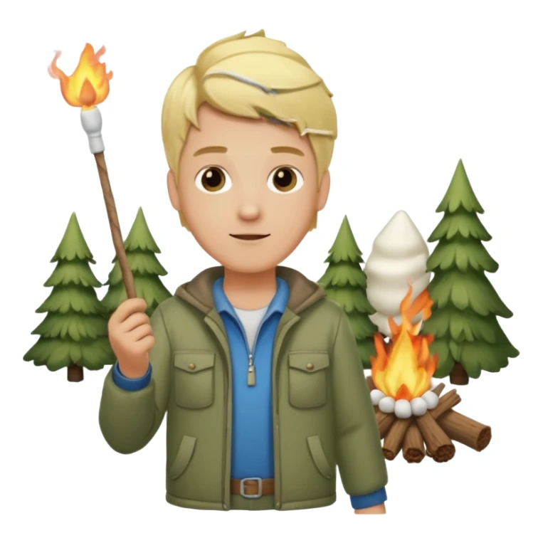 bşonde male with camping clothes holding marshmallow stick sticker