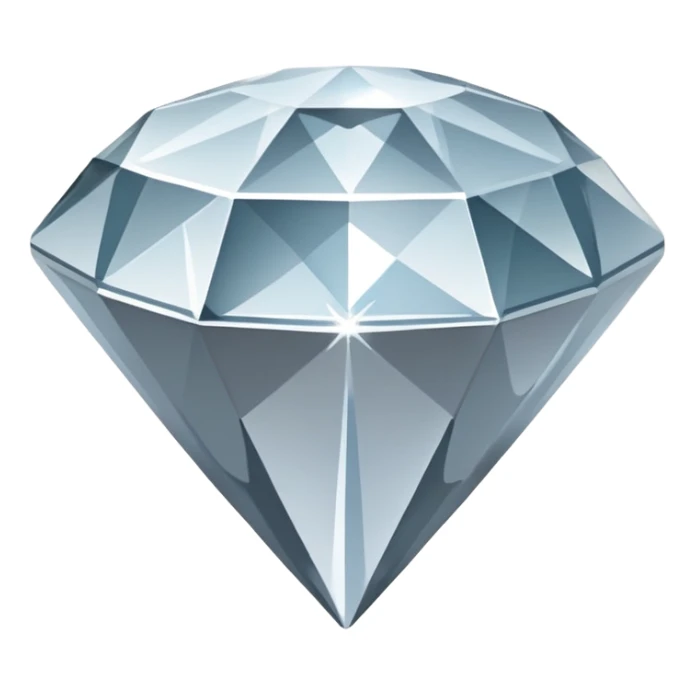 A faceted diamond emoji made of silver chrome, smooth reflective surfaces, soft metallic shine, minimalistic and clean design, iOS emoji style, centered on white background, soft studio lighting sticker
