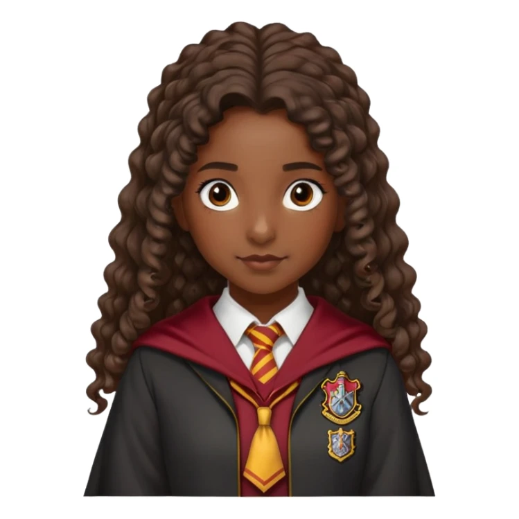 Alicia Spinnet in harry potter, wear hogwarts gryfindor uniform, long, dark, curly or wavy, ponytail hair, dark skin sticker