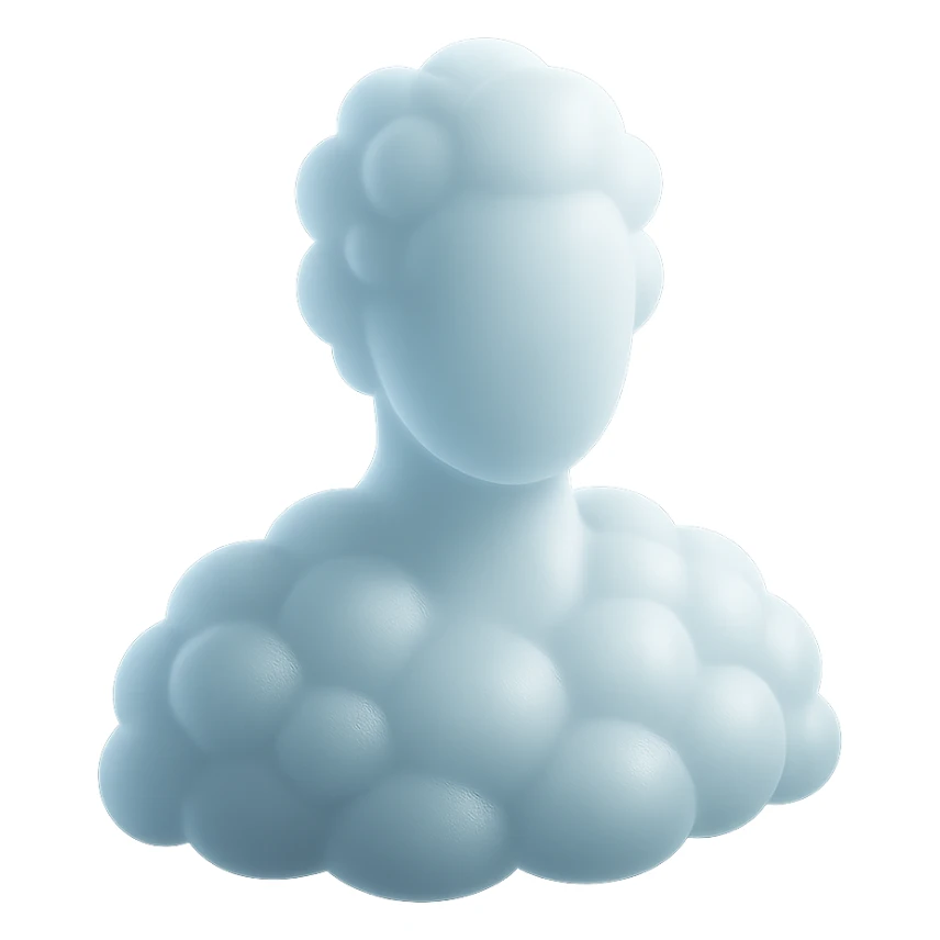 person made entirely of bright convex clouds, shoulder up, front view, matte glass style sticker