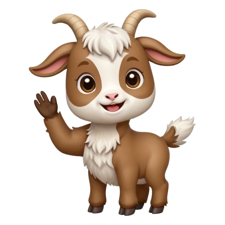 Chibi baby goat with a joyful expression, waving hello with one hoof, simple clean chibi stickers style, designed for a small emote, white background. Make sure that the hoof is not a hand. sticker