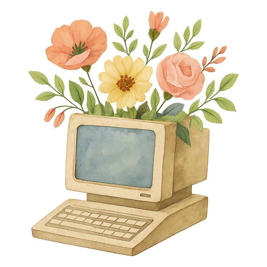 watercolor style computer with flowers growing out of it sticker