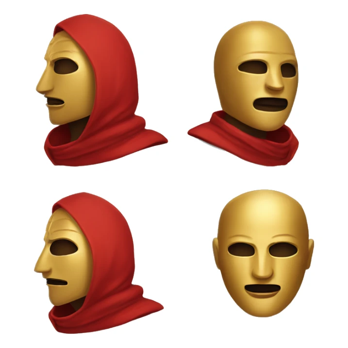 Man with red hooded robe and golden mask sticker