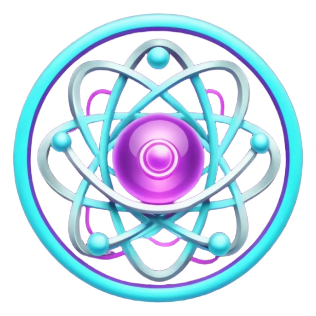 futuristic minimalistic logo icon, glowing atom core with orbiting energy rings, neon purple (#8B5CF6) and cyan (#00E0FF) glow, representing Atom team creativity and innovation, dark background, clean tech design, no face, 1:1 aspect ratio sticker