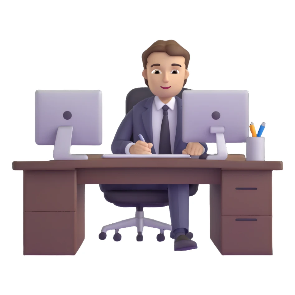 corporate guy with brown hair at a desk, working on CRM software sticker