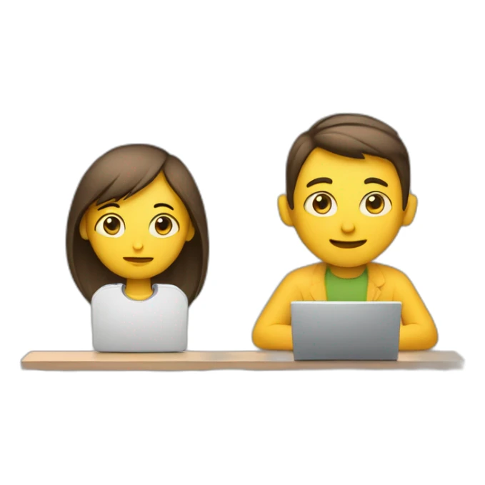 one person with laptop, another person observing sticker