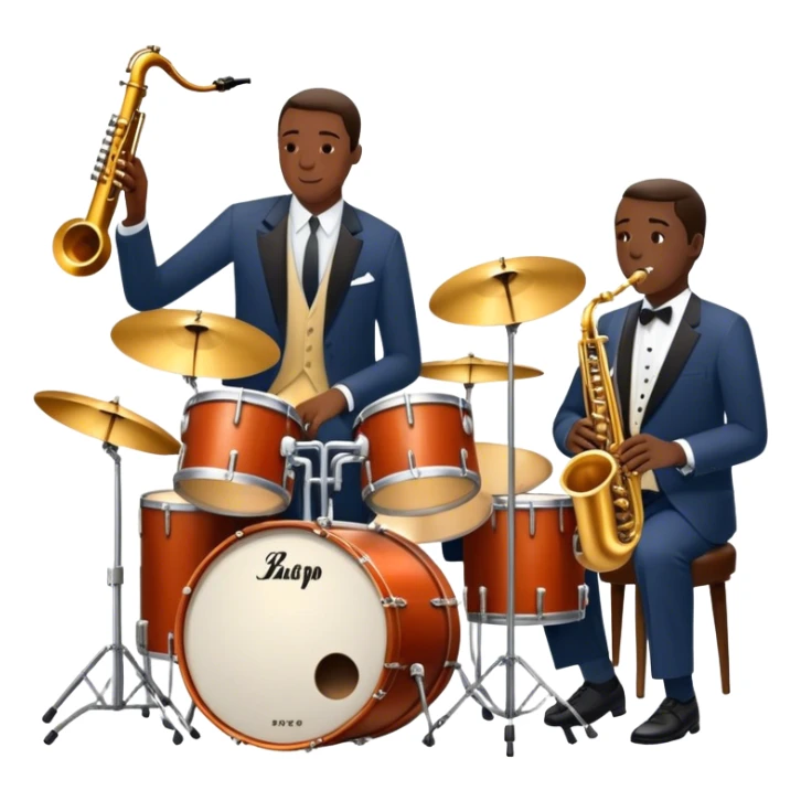 Icon for Jazz Music: The Jazz Messengers, featuring a dynamic composition with Art Blakey on drums and musicians playing saxophone, trumpet, and piano. Musical notes and a warm jazz club atmosphere emphasize the vibrant hard bop style. Transparent background. sticker