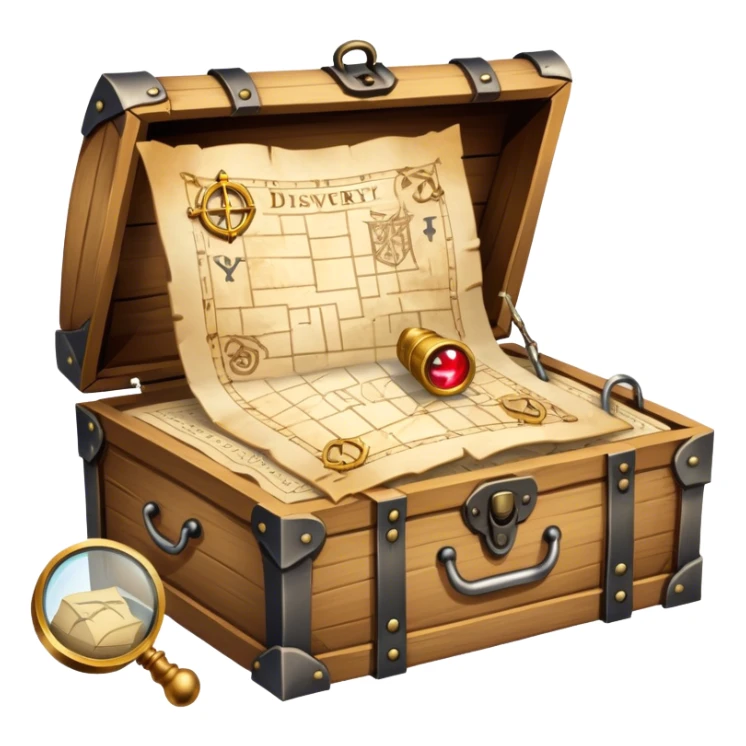 An icon depicting a treasure map with an open chest, surrounded by clues and mysterious symbols. A magnifying glass hovers over the map, symbolizing the thrill of discovery and adventure. Set on a transparent background, it should evoke the excitement of solving puzzles and exploring new worlds. sticker