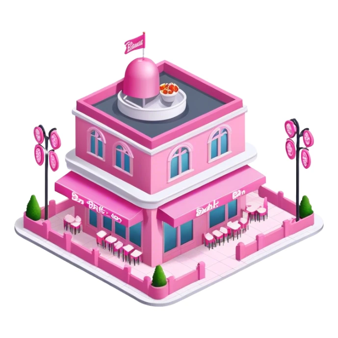 Isometric exterior view of Barbie pink fancy restaurant sticker