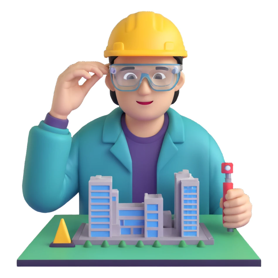 man making a model of a building wearing transparent protective safety glasses sticker