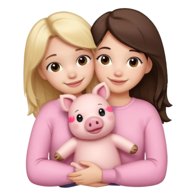 Girlfriends, blonde and brunette, hugging each other with a teddy bear and a little pig sticker