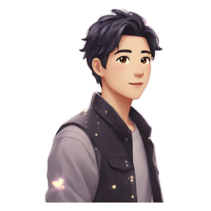 Gorgeous bright sparkly romantic Asian anime guy with blushing face aesthetic trending style outside sticker