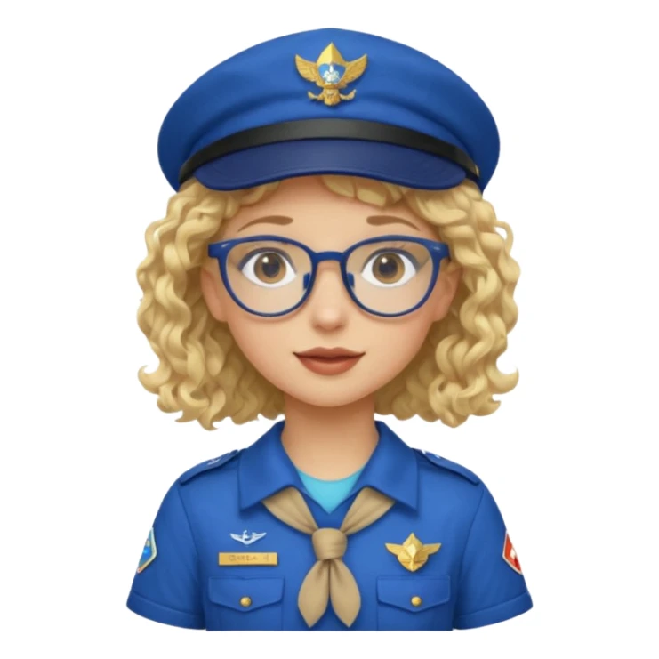 scout girl with blue scout uniform including hat, blonde curly haired and glassess sticker