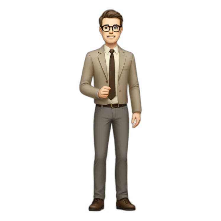 Full height Actively Gesturing Pale skinned fit man with dark brown hair in gray jacket, beige office shirt, brown tie, brown pants and vintage glasses. sticker