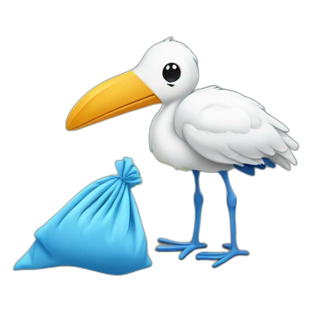  A stork is carrying a blue bundle of cloth in its beak that has a cute white baby face peeking out from it with black head sticker