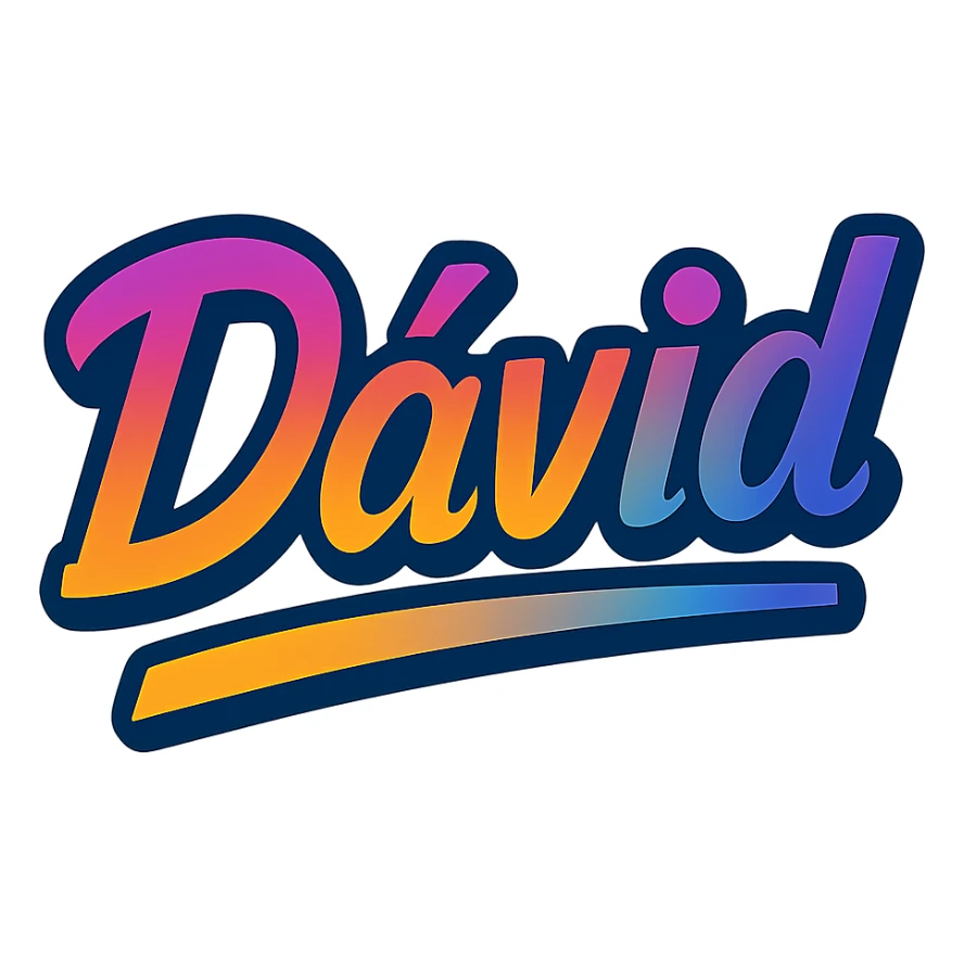 The name Dávid in a modern, colorful gradient font with a dark outline, on a transparent background, with the name underlined or partially underlined with a dynamic, slanted underline, in the style of the sample images. sticker