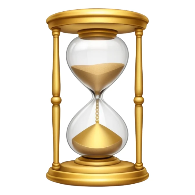 A small hourglass with just a little sand left at the bottom and a shining golden alarm bell next to it, representing a very short task sticker