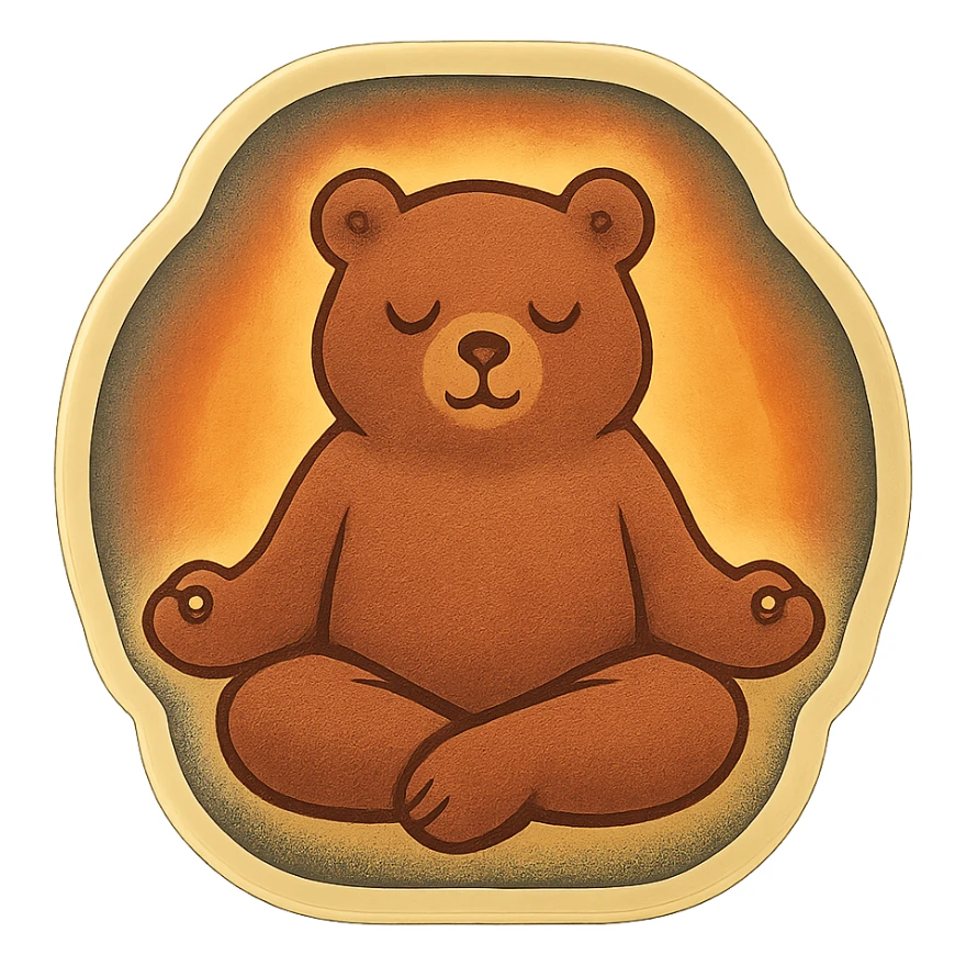 animated meditating bear with a slowly pulsing aura, retro vintage style, cozy acoustic aesthetic, warm muted colors, subtle grain, soft lines, nostalgic analog mood, smooth loop, 112x112px sticker