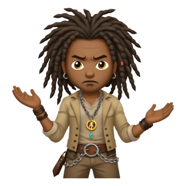 a angry black man with dreads and a circle pendant chain to the side slanging back and forth a belt sticker