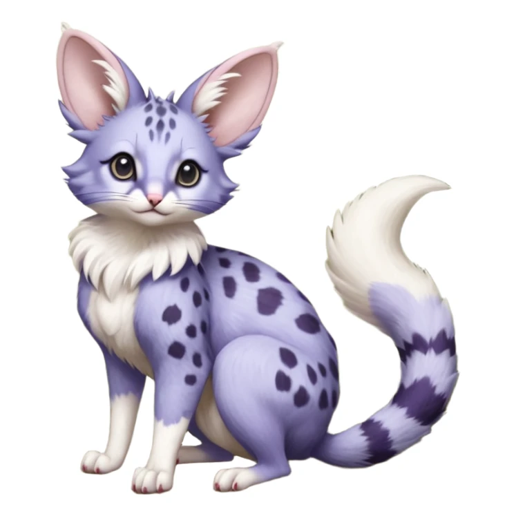 Violet, soft realistic romantic vintage antique divine beautiful elegant pretty precious cute young youthful  Fakémon-Pokémon-opossum-feline-mouse-serval-caracal-chinchilla-Minccino-Cinccino-Meowstic-rodent-hybrid-creature with a tufted tail (full body) sticker