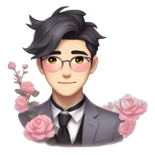 Gorgeous romantic anime style Asian formal modern gentlemanly guy with cat ears and flowers and blushing face aesthetic trending style outside with colorful gradient colors sticker