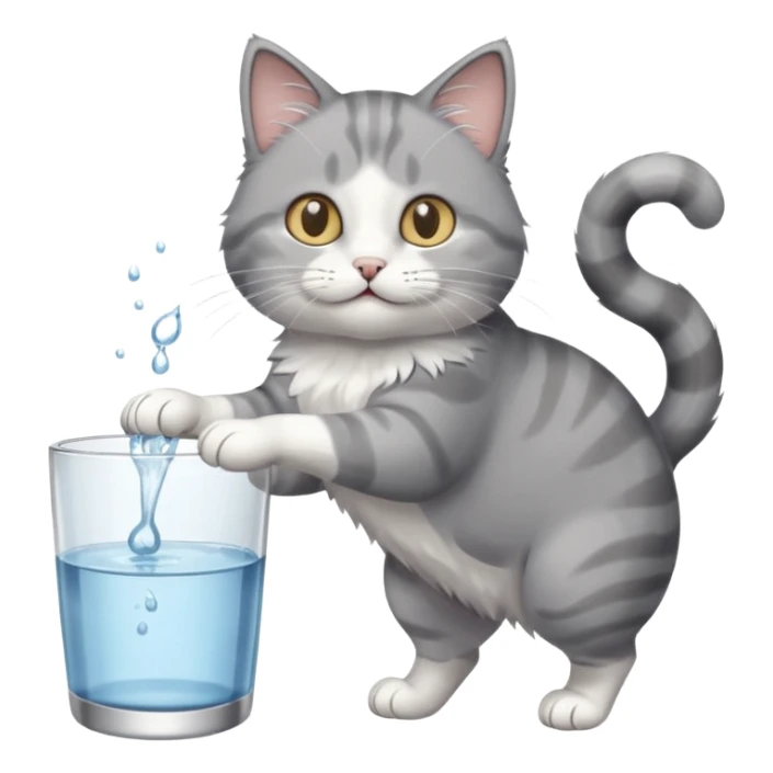 Grey and white cat knocking a cup of water over sticker