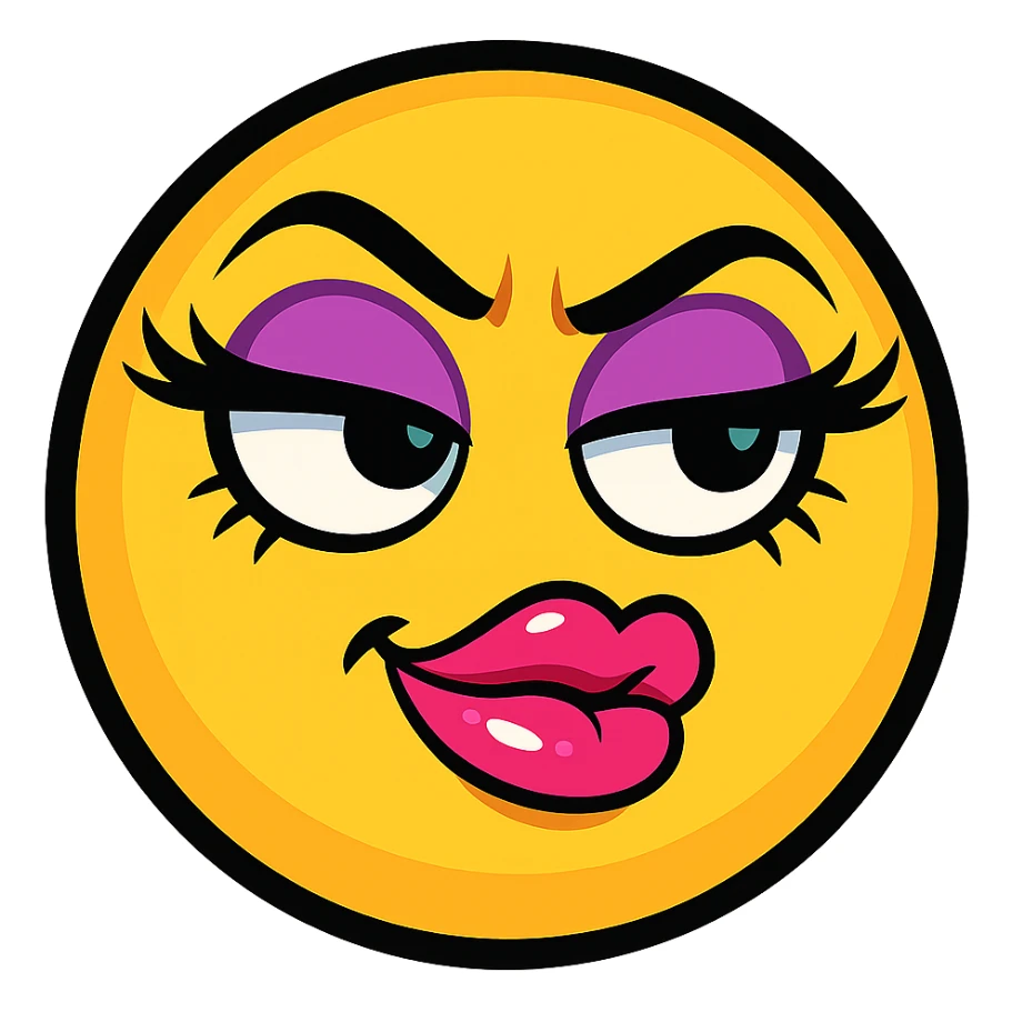 classic round yellow emoji face, bratty mean girl expression, thick lashes, glossy lips, side-eye smirk, dramatic eye makeup, sassy attitude, cartoon style, no body sticker