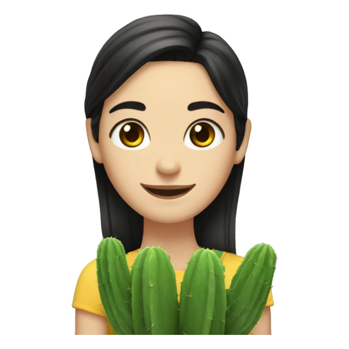 thin tall white woman medium black hair slanted eyes smiling with a cactus and a sunflower on her side sticker