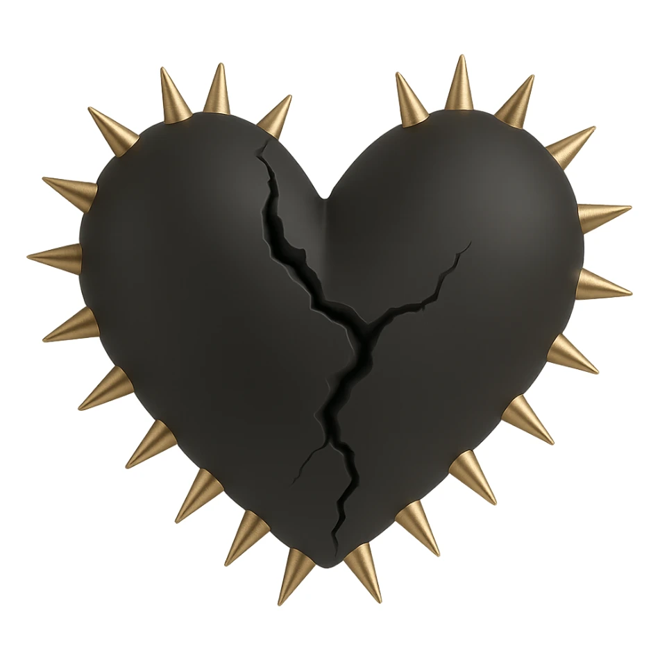 Make the 3D goth black heart with metallic spikes appear cracked or broken, keeping it dark and elegant. sticker