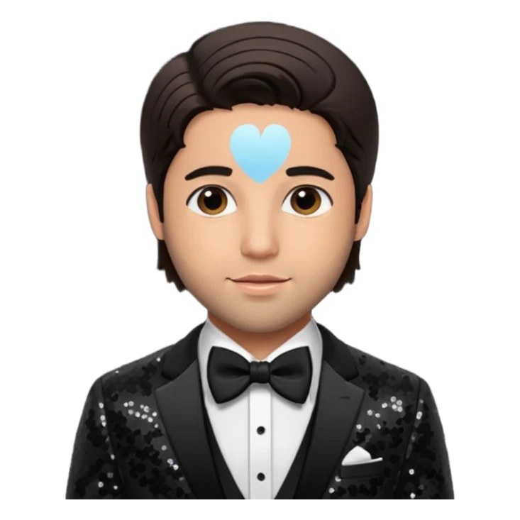 Josh Peck with dark brown hair, black sequin suit with bow tie sticker
