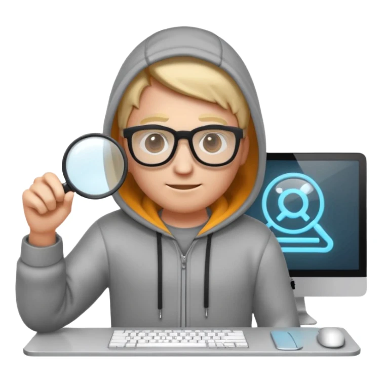 A stylized 3D emoji icon of a web developer character, wearing a hoodie and glasses. They are holding a glowing magnifying glass up to a computer screen filled with lines of HTML code and a search bar. sticker