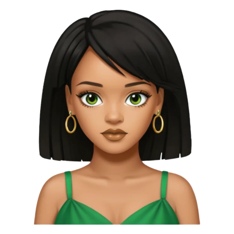Rihanna black hair, hazel eyes, green dress sticker