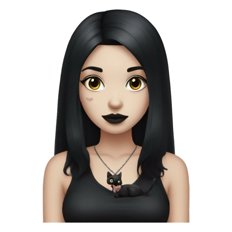 goth girl, black hair, with a black cat sticker