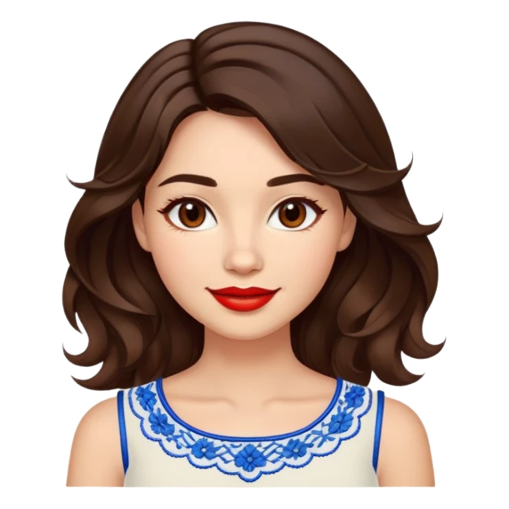 Enthusiastic woman with healthy glowing skin, round cheeks, warm smile, expressive light brown eyes, red lipstick, wavy dark brown shoulder-length hair, summery white top with blue embroidery and electric blue neckline sticker