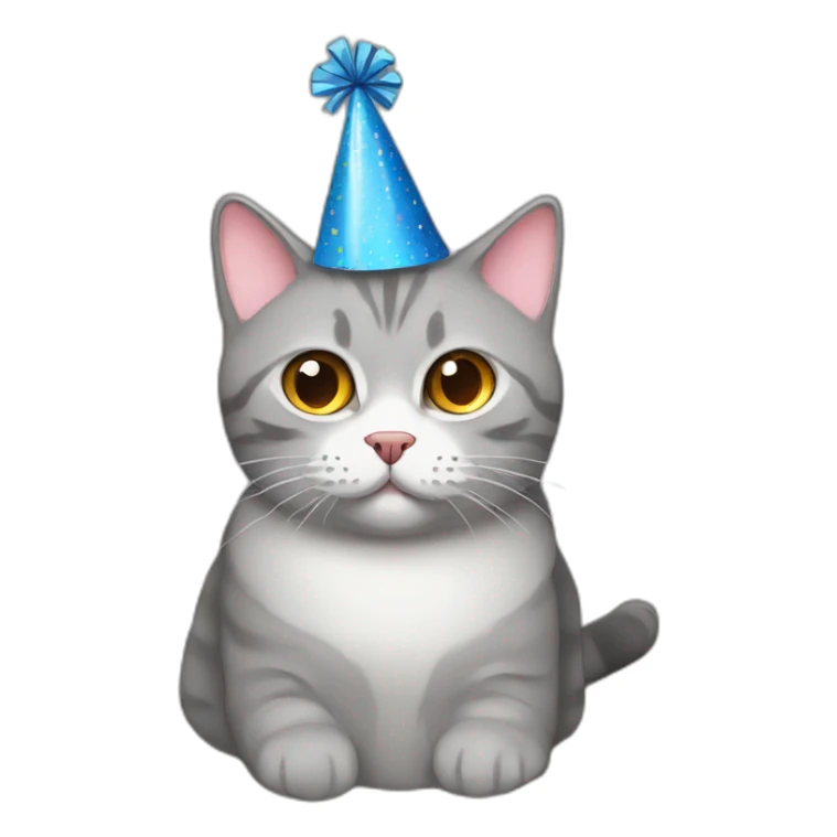 Grey British short cat wearing a party hat sticker
