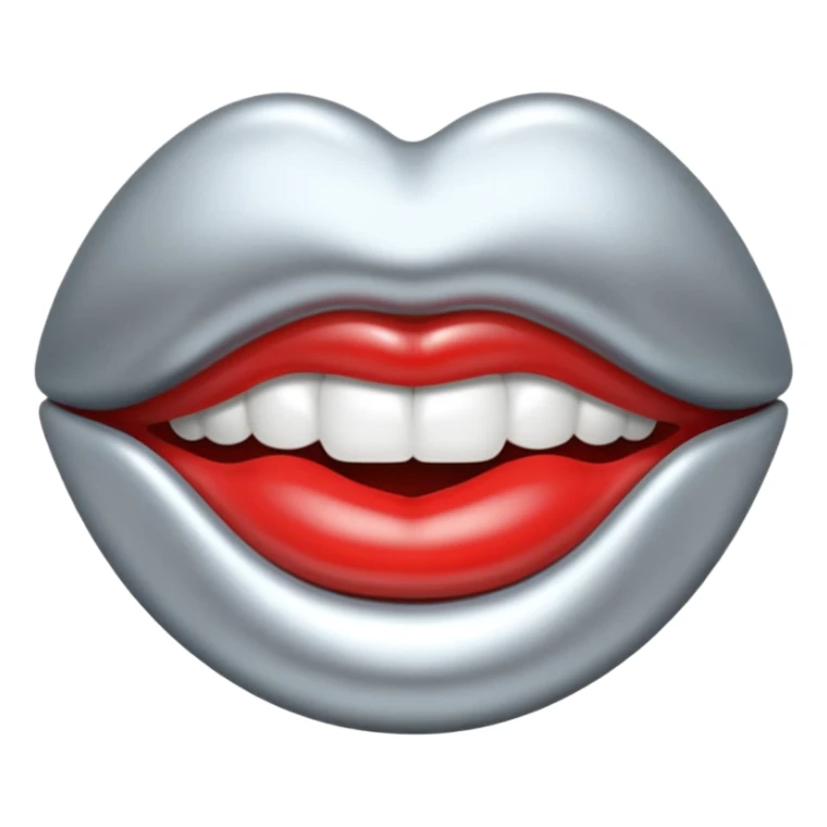 Chrome silver lips emoji, glossy metallic texture, iOS emoji style, smooth reflections, bold but minimal design, centered, silver mouth. all silver sticker