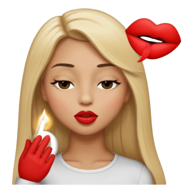 Mujer color de piel moreno claro, posicionada de lado, con cabello rubio largo, lacio y suelto, ojos negros, un ojo cerrado, mandando un beso de lado sticker