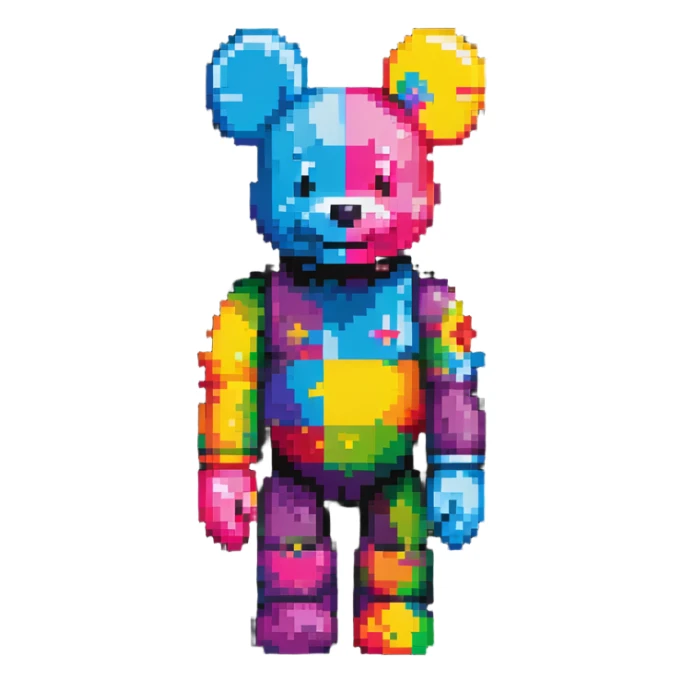 Pixel art KAWS Bearbrick figure with a happy smiling face, bright colors, and blocky bear shape sticker