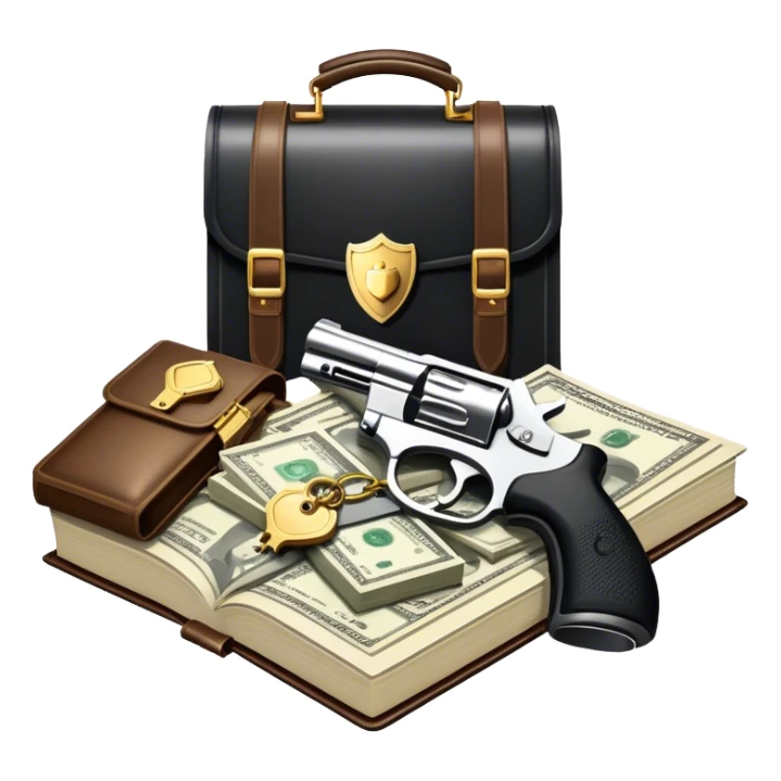 Icon for Action & Crime Reading: open book with text and picture, with a silhouette of a gun, a bag of money, and a police badge on the pages. Surrounding elements include a pair of handcuffs, a briefcase, and scattered bullet casings. Transparent background. sticker