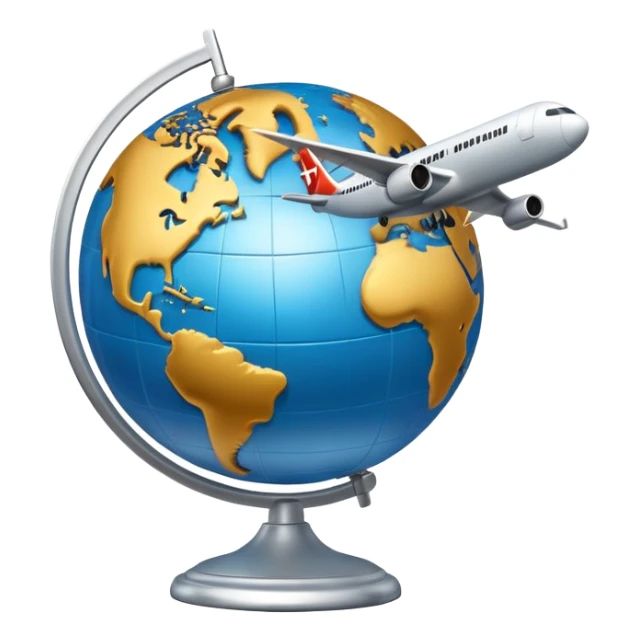 Globe with airplane flying around it, representing travel sticker